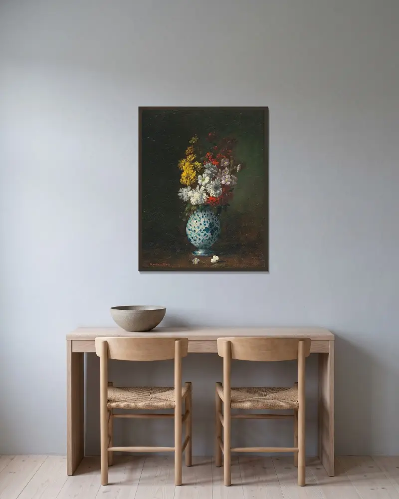 Blomsterstycke av Théodule Ribot inramad på en vägg