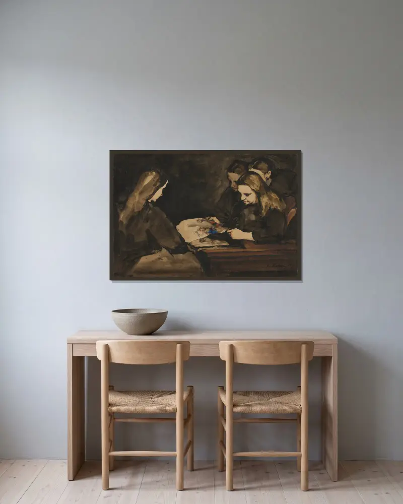 Four Girls Studying a Drawing av Théodule Ribot inramad på en vägg