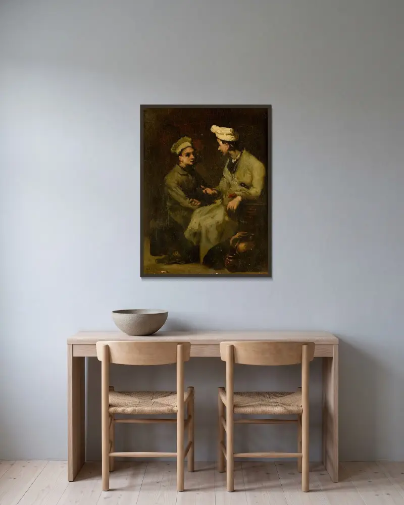 Köksscen av Théodule Ribot inramad på en vägg