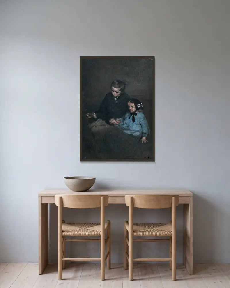 Geschwister, Händchen haltend von Théodule Ribot gerahmt an einer Wand