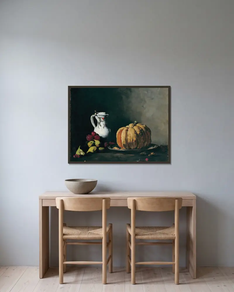 Still Life with Pumpkin, Plums, Cherries, Figs and Jug av Théodule Ribot inramad på en vägg