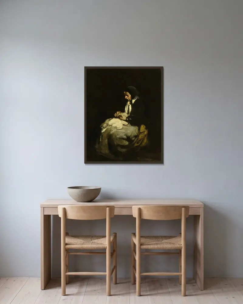 Kvinna som syr av Théodule Ribot inramad på en vägg
