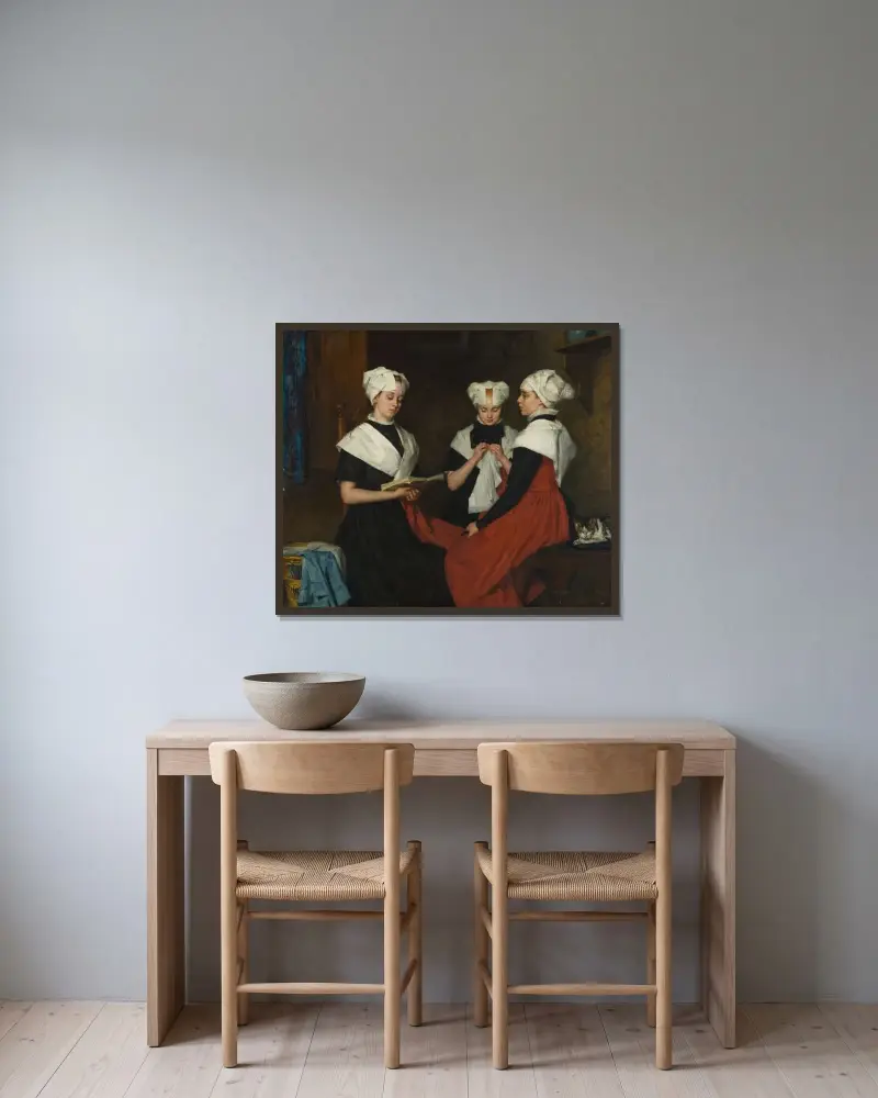 Drei Amsterdamer Waisenmädchen von Thérèse Schwartze gerahmt an einer Wand