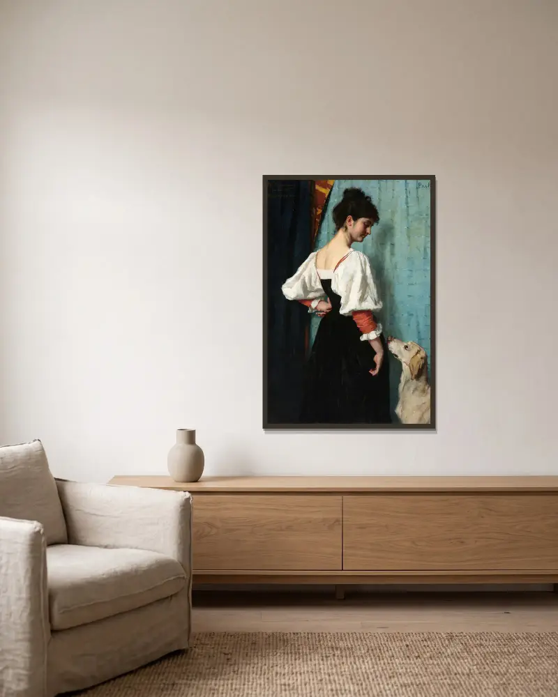 Portrait of a young Woman with ‘Puck’ the Dog av Thérèse Schwartze inramad på en vägg