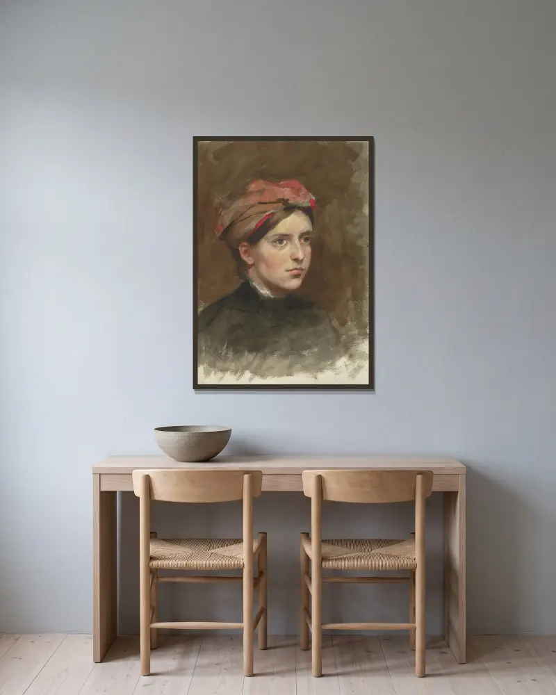Portret van een jonge vrouw met een rode hoofddoek av Thérèse Schwartze inramad på en vägg