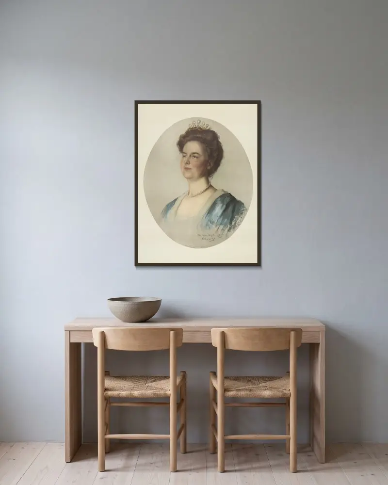 Portret van Wilhelmina, koningin der Nederlanden av Thérèse Schwartze inramad på en vägg