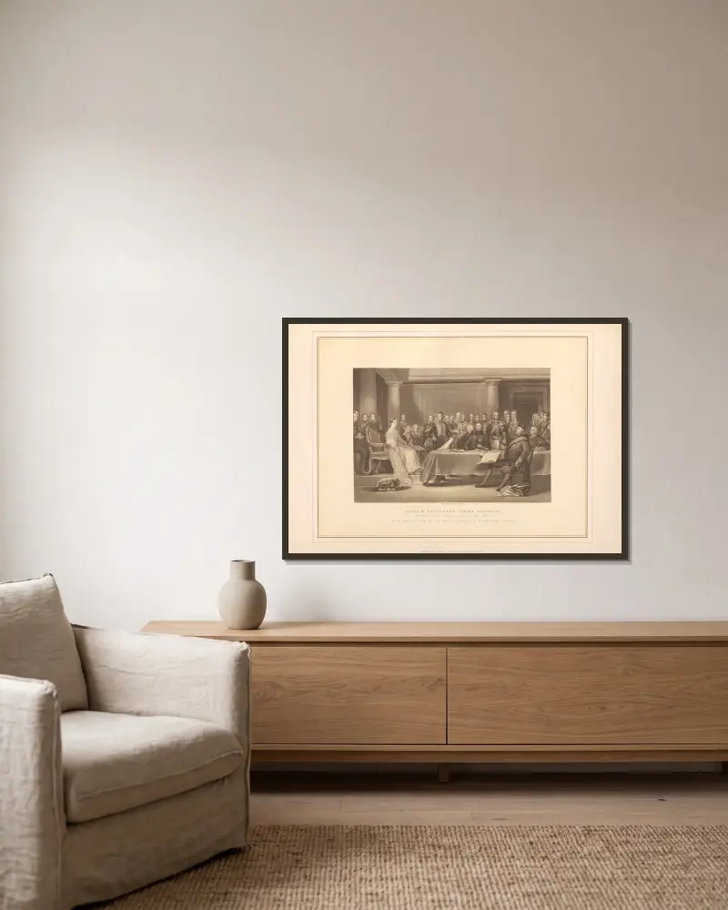 Queen Victoria’s First Council – Sir David Wilkie av Thomas Archer inramad på en vägg