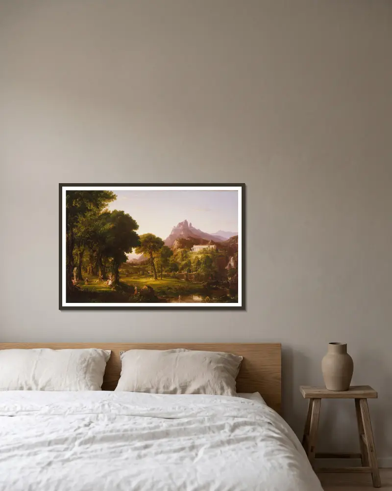 Dream of Arcadia av Thomas Cole inramad på en vägg