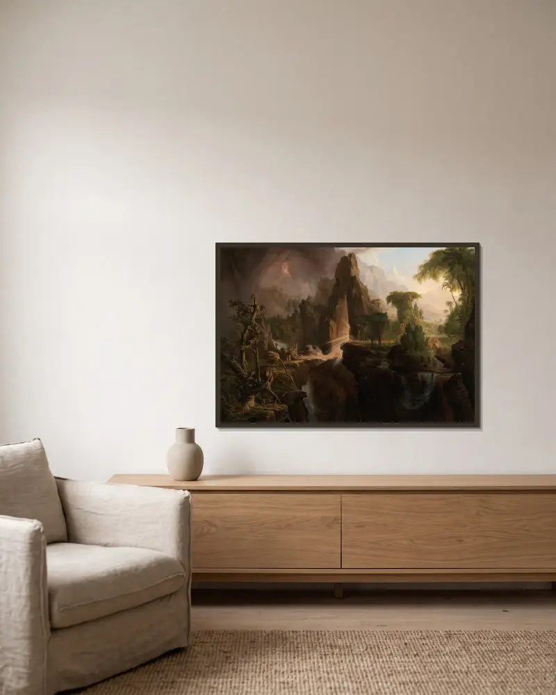 Expulsion from the Garden of Eden av Thomas Cole inramad på en vägg