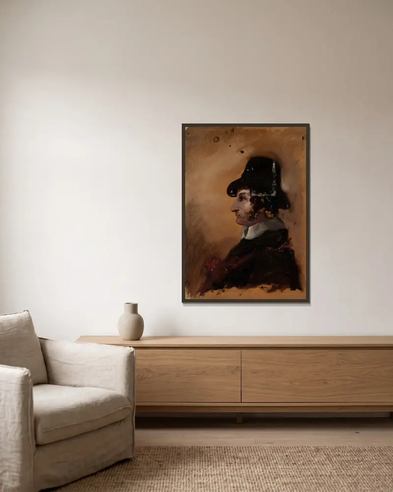 Mann mit hohem Hut von Thomas Cole gerahmt an einer Wand