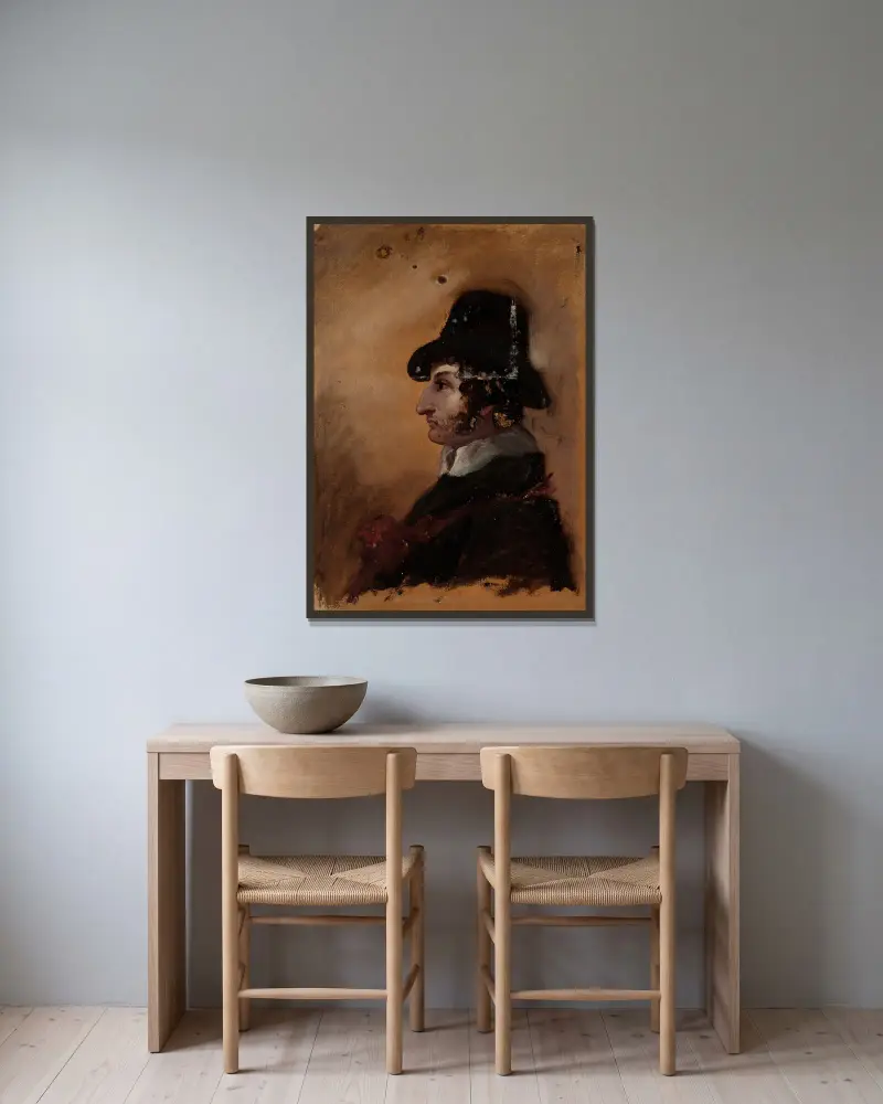 Mann mit hohem Hut von Thomas Cole gerahmt an einer Wand