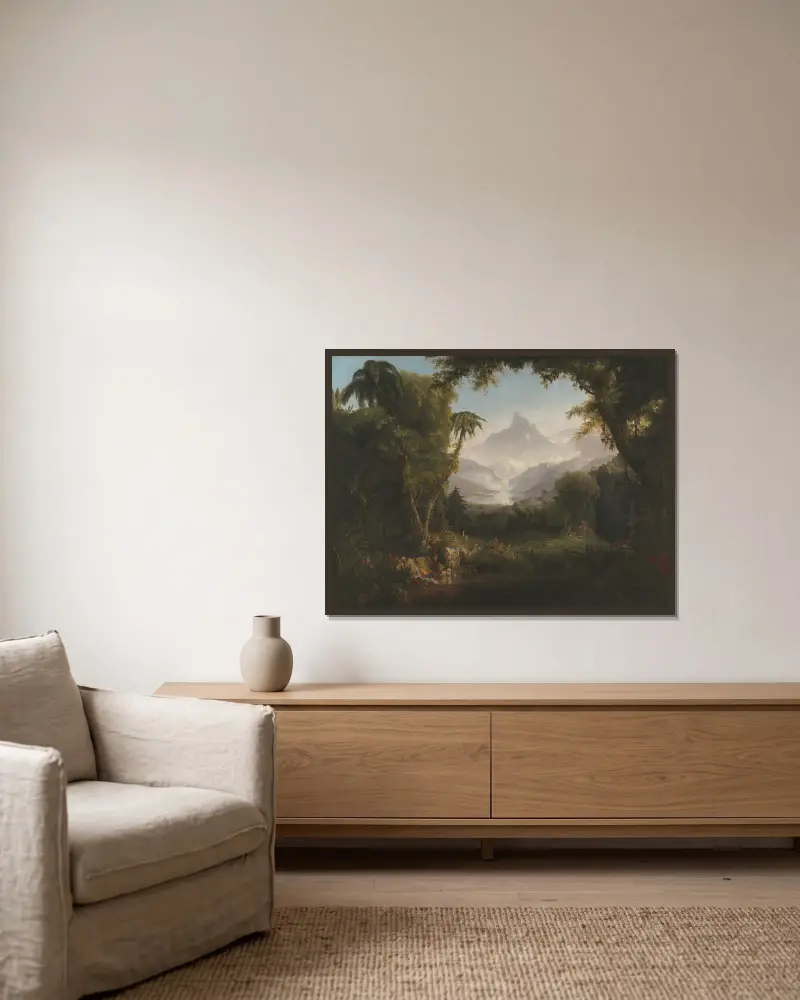 Edens trädgård av Thomas Cole inramad på en vägg