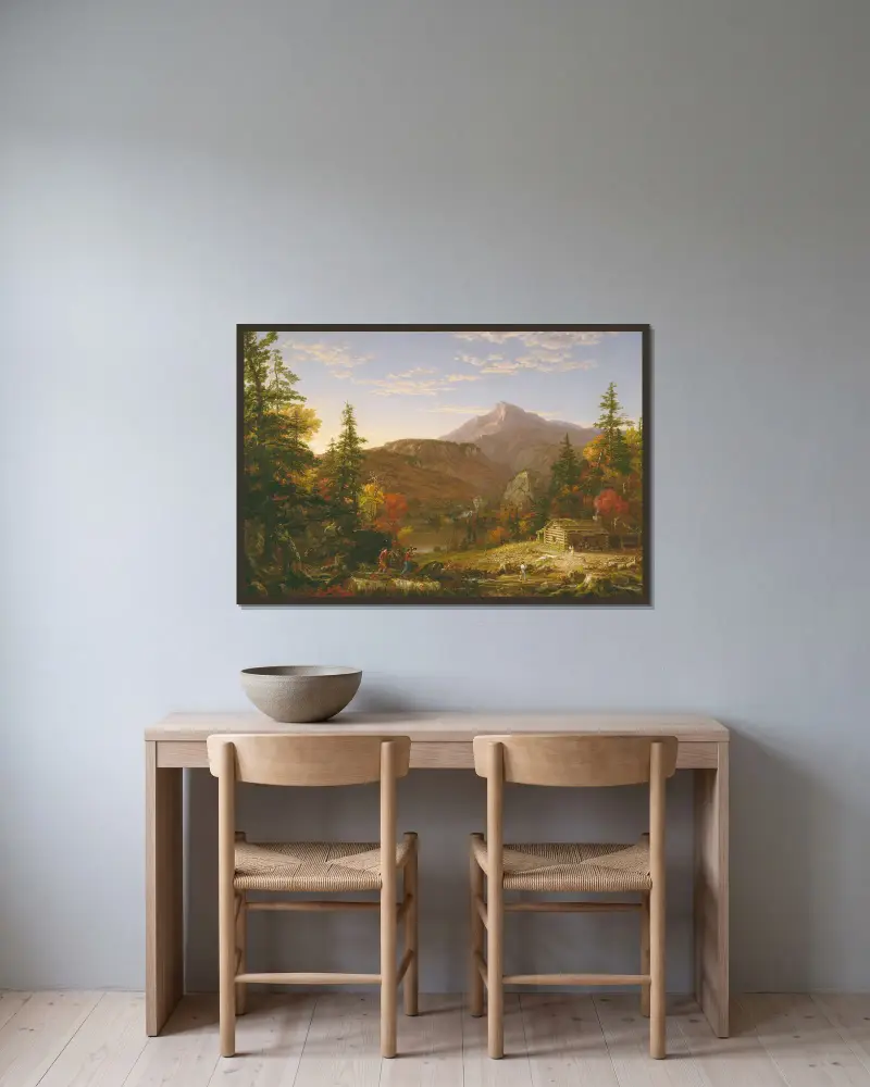 Die Rückkehr des Jägers von Thomas Cole gerahmt an einer Wand