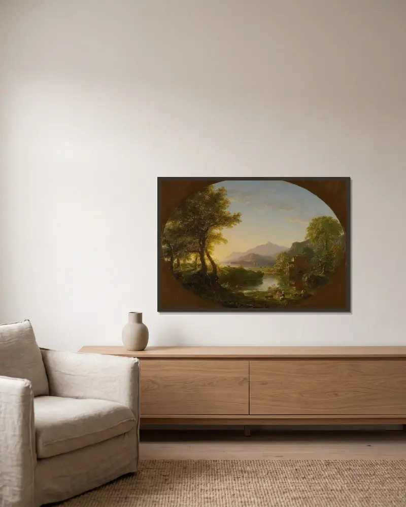 Mlýn, západ slunce, Thomas Cole v rámu na stěně