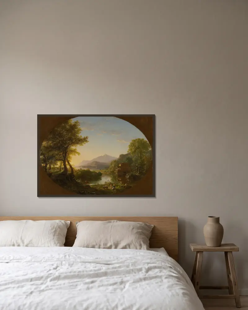 Mlýn, západ slunce, Thomas Cole v rámu na stěně
