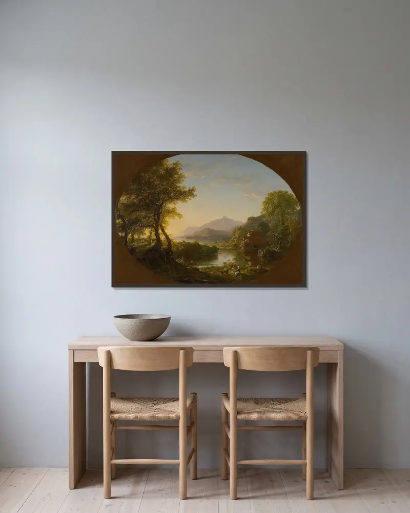 Mlýn, západ slunce, Thomas Cole v rámu na stěně