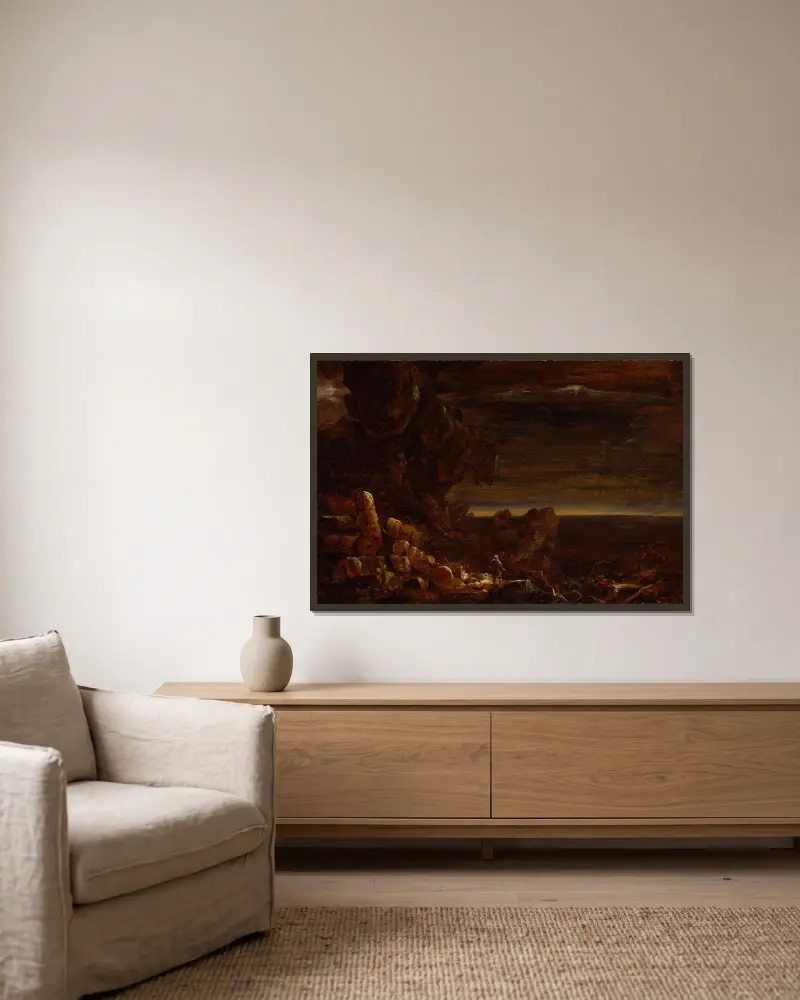 Der Pilger der Welt am Ende seiner Reise (Studie zur Serie Das Kreuz und die Welt) von Thomas Cole gerahmt an einer Wand