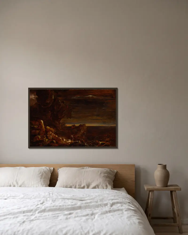 Der Pilger der Welt am Ende seiner Reise (Studie zur Serie Das Kreuz und die Welt) von Thomas Cole gerahmt an einer Wand