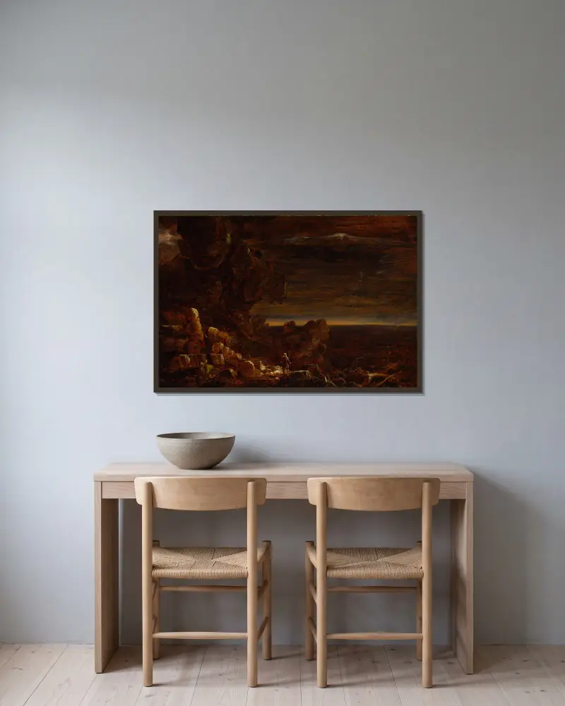 Der Pilger der Welt am Ende seiner Reise (Studie zur Serie Das Kreuz und die Welt) von Thomas Cole gerahmt an einer Wand