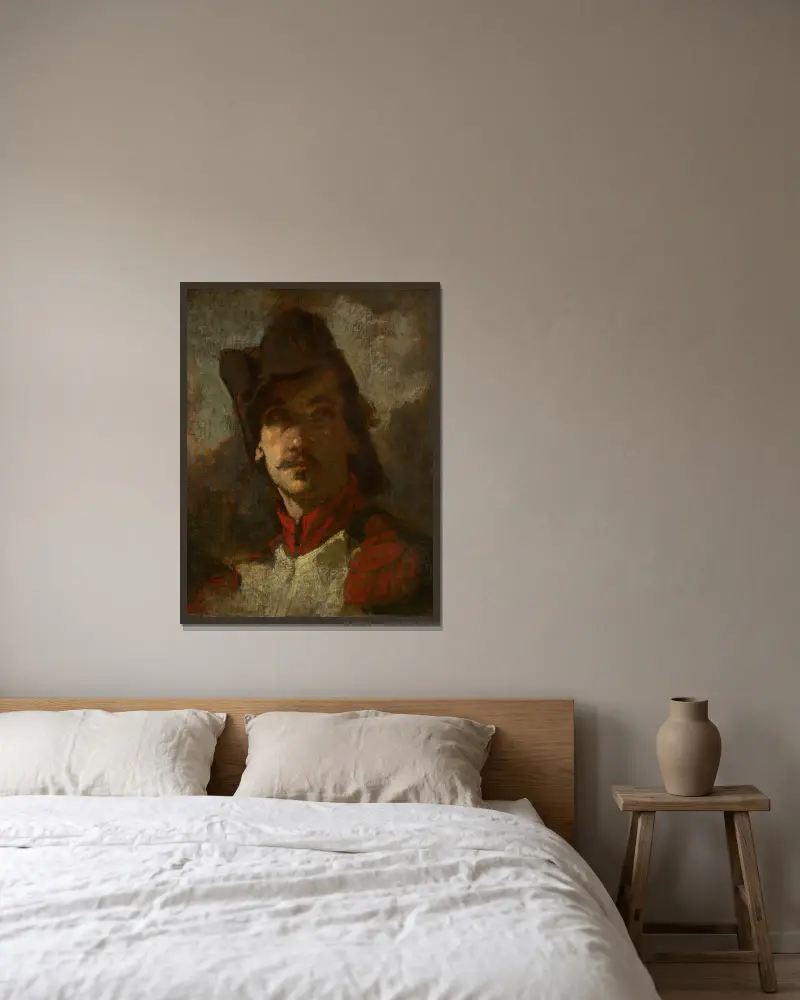 En frivillig från 1792 av Thomas Couture inramad på en vägg