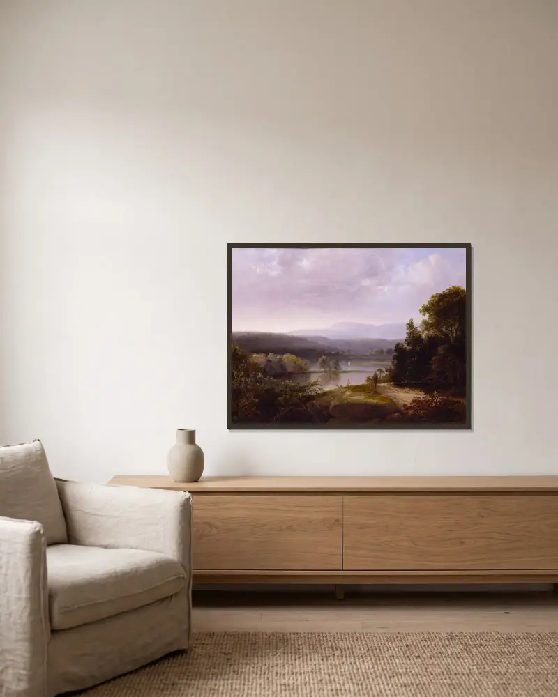 Flusslandschaft mit Jägern und Hunden von Thomas Doughty gerahmt an einer Wand