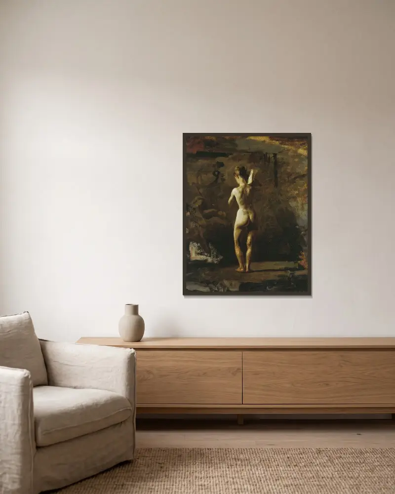 Studie für „William Rush beim Schnitzen seiner allegorischen Figur des Schuylkill River“ von Thomas Eakins gerahmt an einer Wand