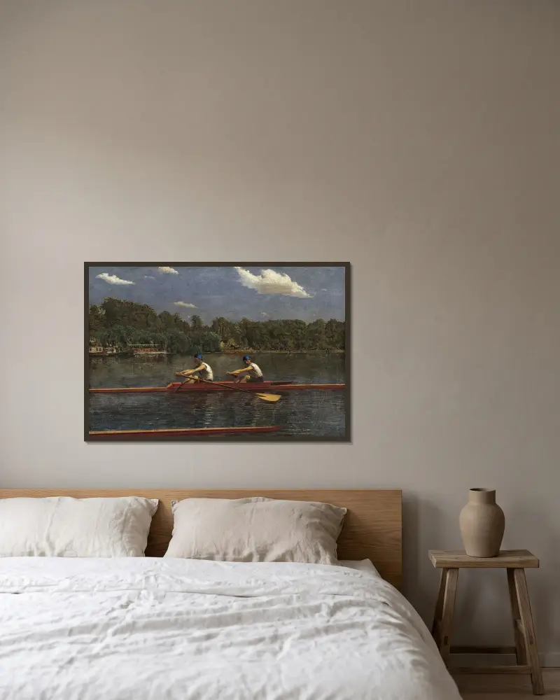 Die Biglin-Brüder beim Ruderrennen von Thomas Eakins gerahmt an einer Wand