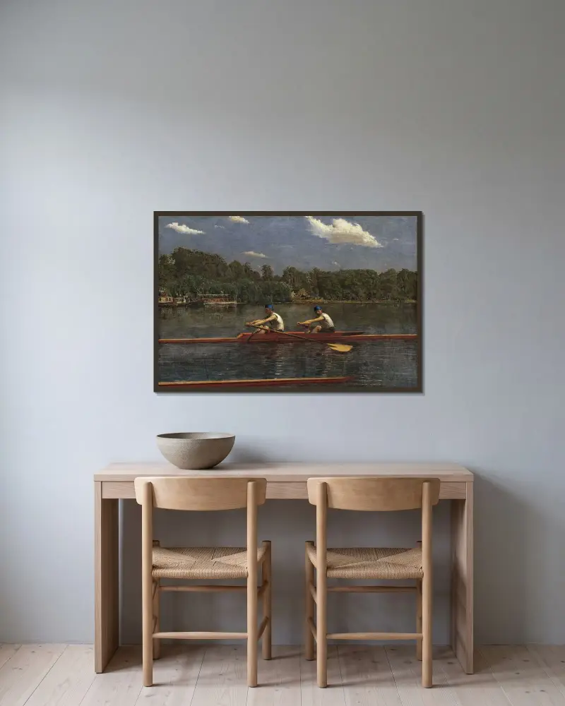 Die Biglin-Brüder beim Ruderrennen von Thomas Eakins gerahmt an einer Wand
