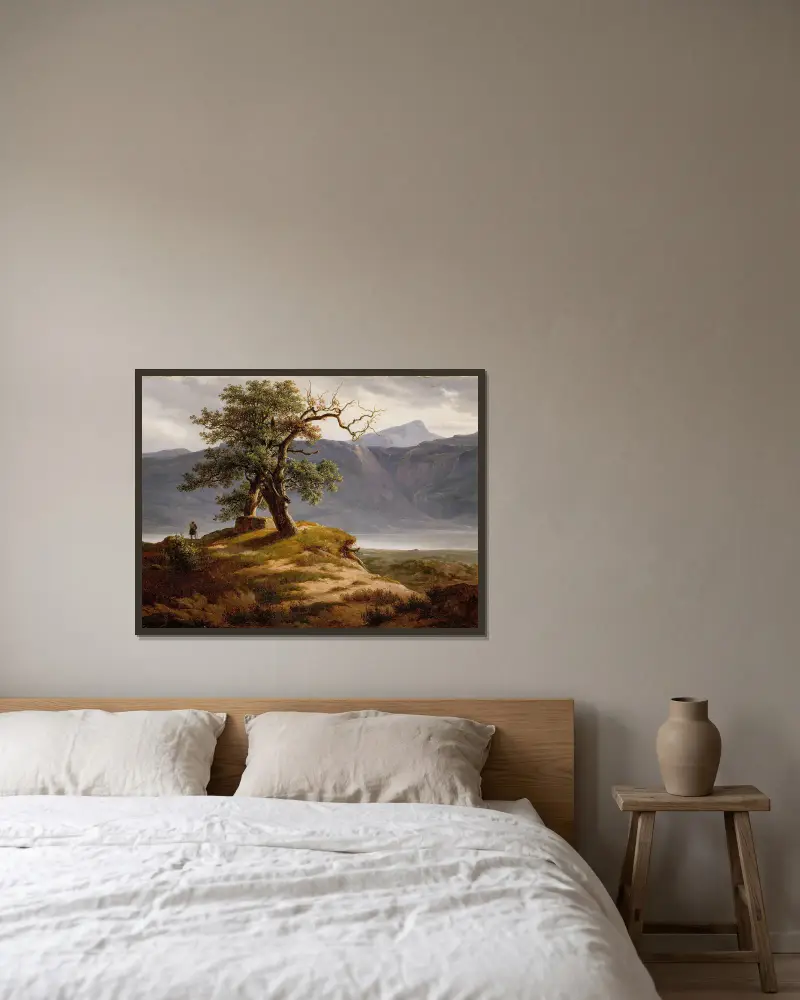 Landschaft mit einem Wanderer von Thomas Fearnley gerahmt an einer Wand