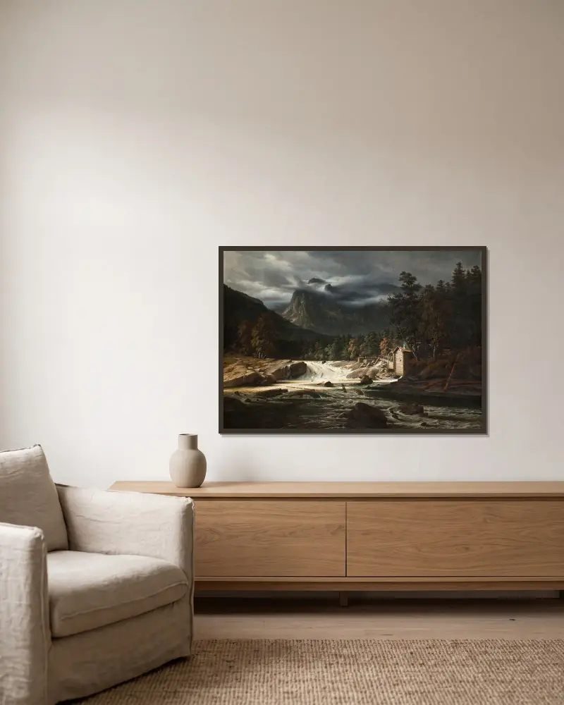 Norwegian Landscape, Marumfoss av Thomas Fearnley inramad på en vägg
