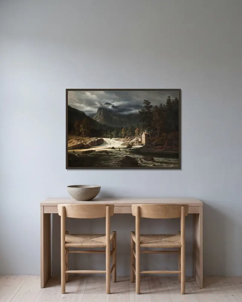 Norwegian Landscape, Marumfoss av Thomas Fearnley inramad på en vägg