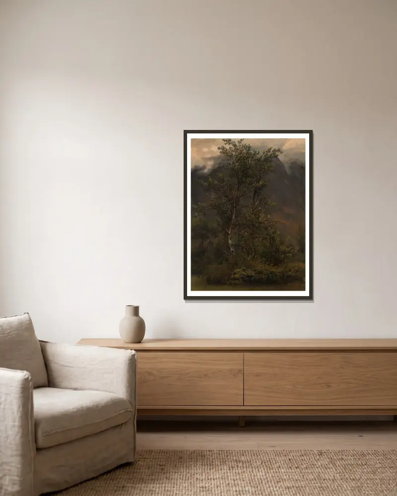 Study of Birches in Romsdal av Thomas Fearnley inramad på en vägg