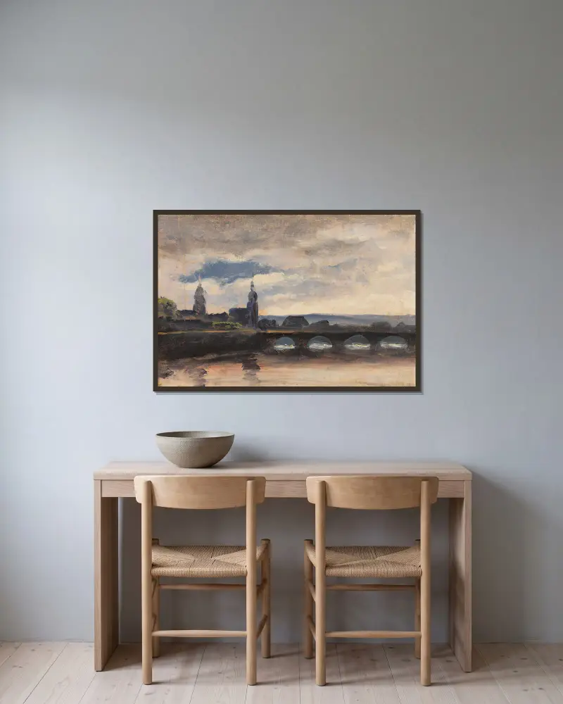The Augustusbrücke in Dresden av Thomas Fearnley inramad på en vägg