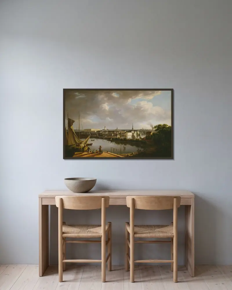 Vy över Stockholm av Thomas Fearnley inramad på en vägg