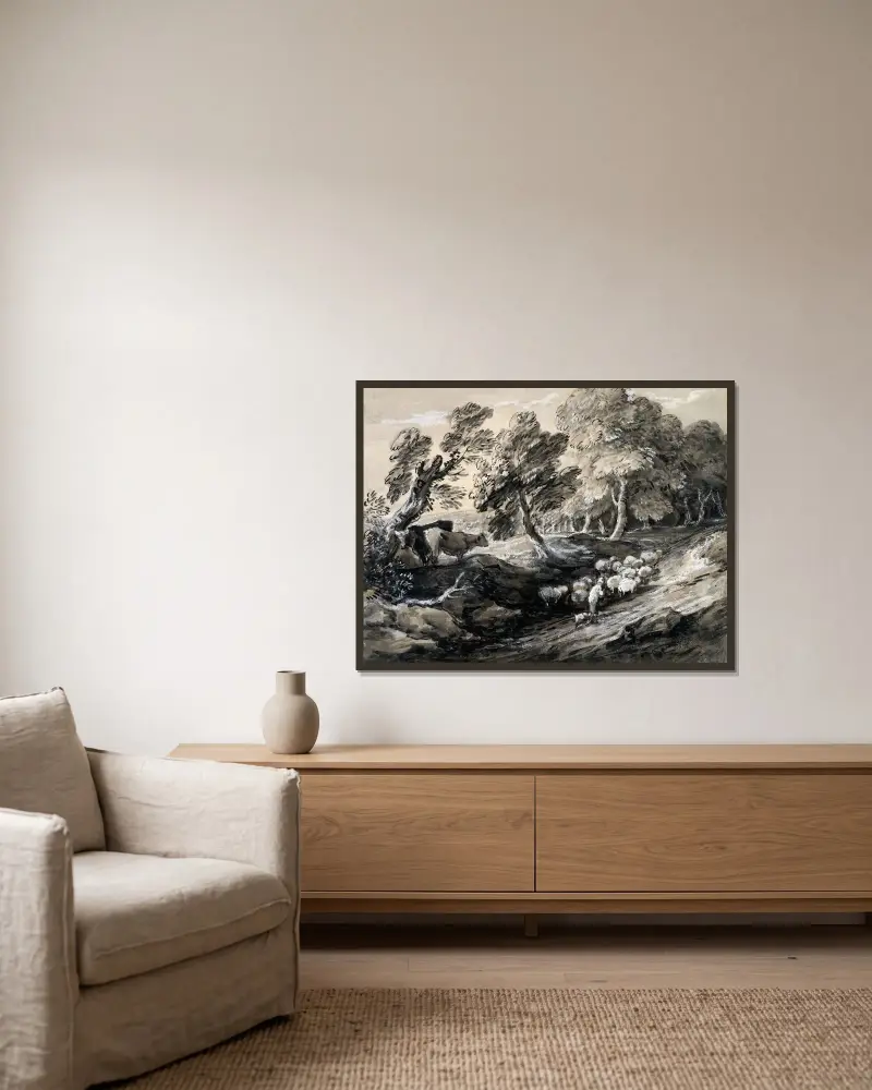 Ein Hirte treibt eine Schafherde durch einen Wald von Thomas Gainsborough gerahmt an einer Wand
