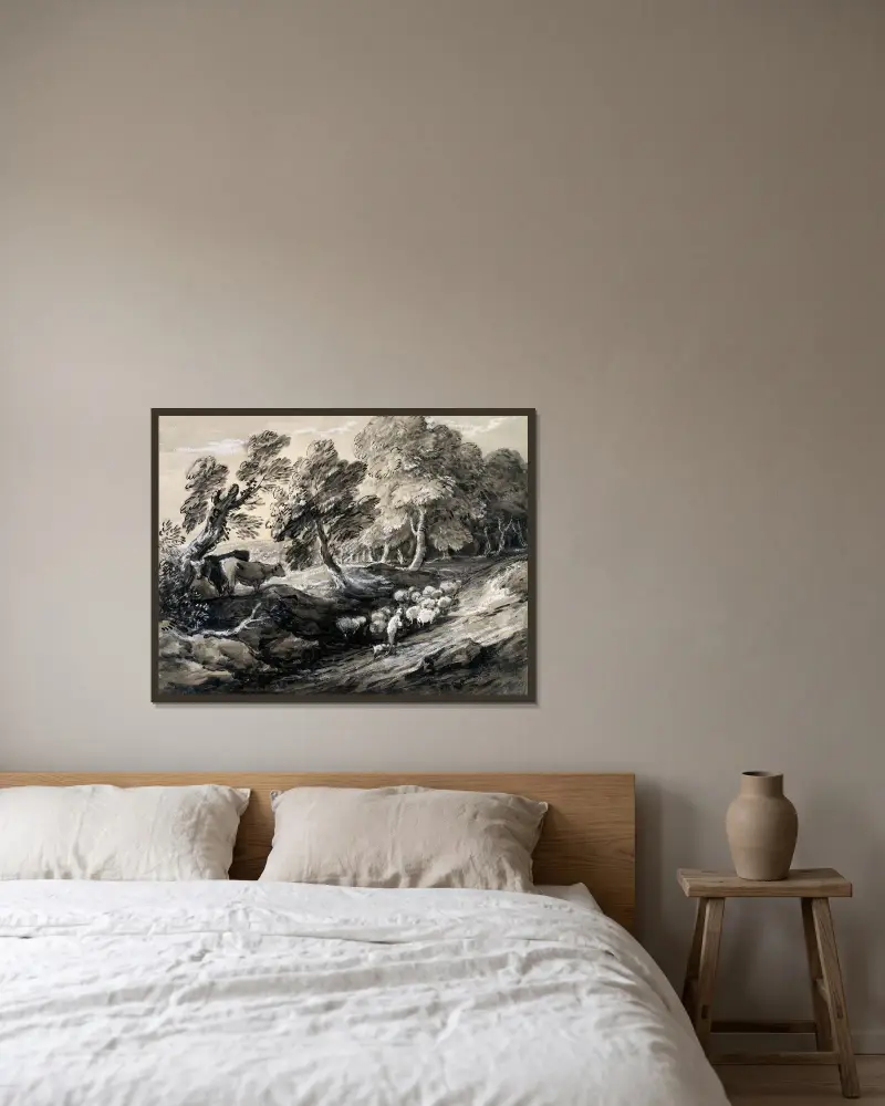Ein Hirte treibt eine Schafherde durch einen Wald von Thomas Gainsborough gerahmt an einer Wand