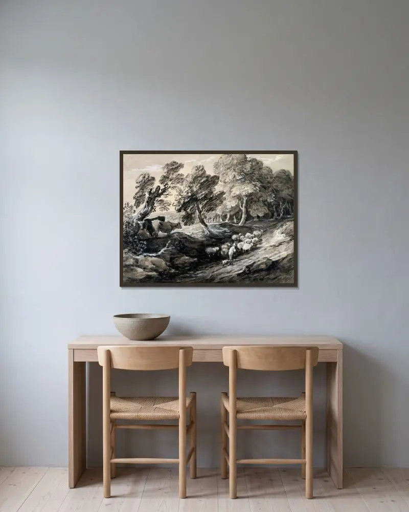 Ein Hirte treibt eine Schafherde durch einen Wald von Thomas Gainsborough gerahmt an einer Wand