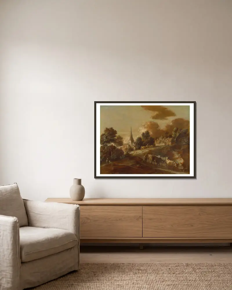 An Imaginary Wooded Village with Drovers and Cattle av Thomas Gainsborough inramad på en vägg