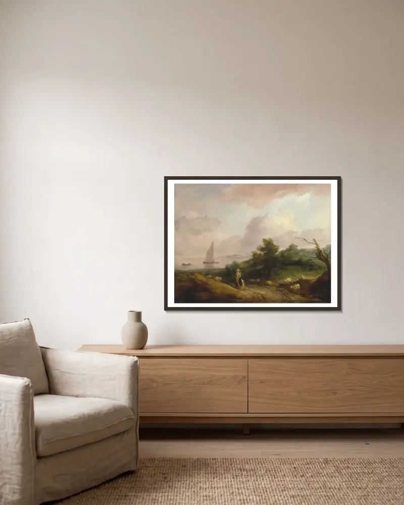 Coastal Landscape with a Shepherd and His Flock av Thomas Gainsborough inramad på en vägg