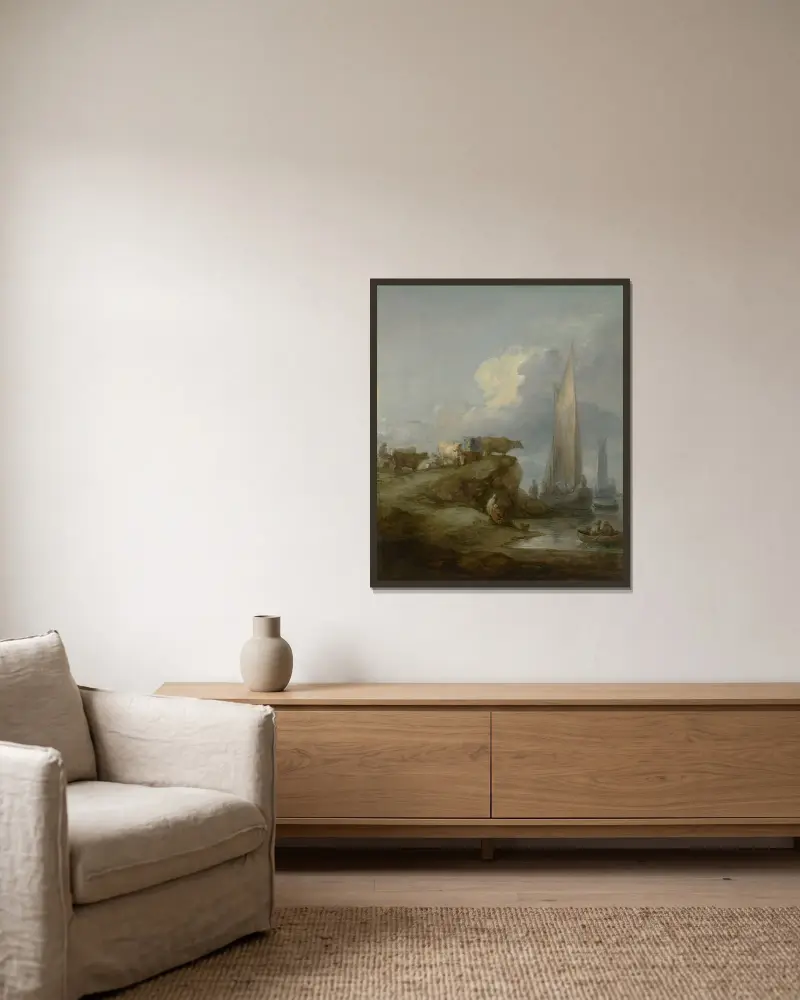Coastal Scene with Shipping and Cattle av Thomas Gainsborough inramad på en vägg