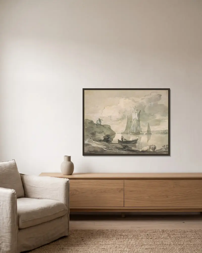 Coastal Scene with Shipping, Figures, and Cows av Thomas Gainsborough inramad på en vägg