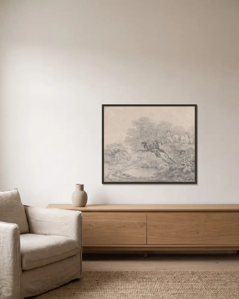 Landschaft mit einer morschen Weide an einem Teich von Thomas Gainsborough gerahmt an einer Wand