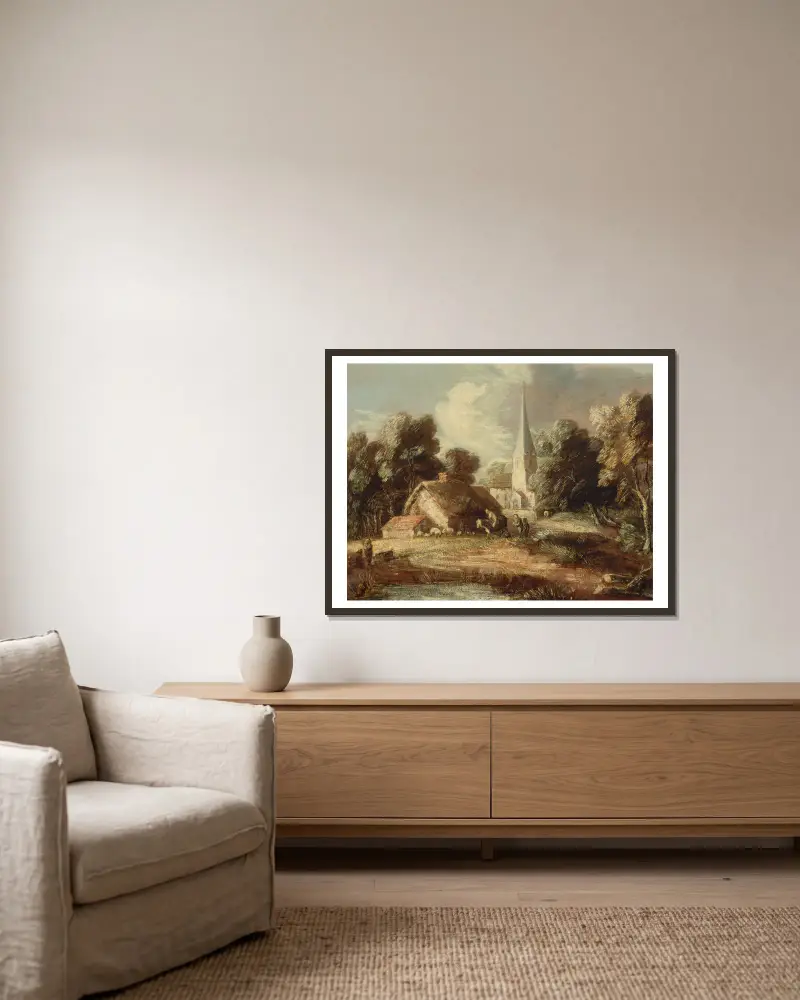 Landscape with cottage and church av Thomas Gainsborough inramad på en vägg