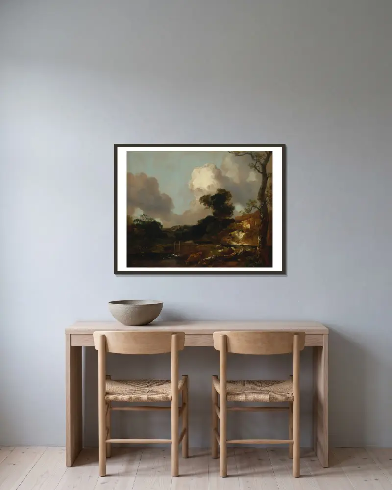Landscape with Stream and Weir av Thomas Gainsborough inramad på en vägg