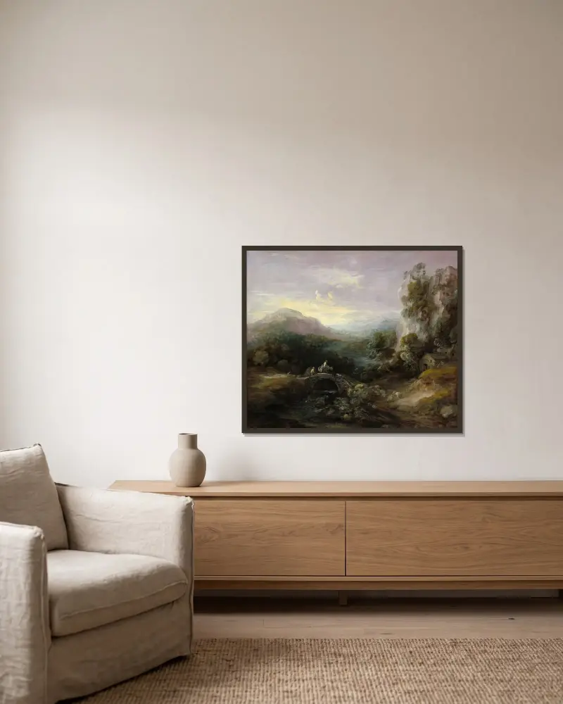 Berglandschaft mit Brücke von Thomas Gainsborough gerahmt an einer Wand