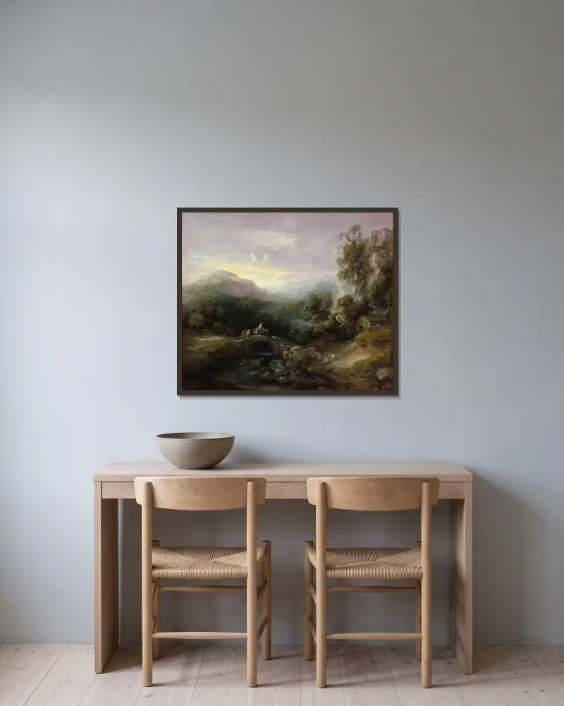 Berglandschaft mit Brücke von Thomas Gainsborough gerahmt an einer Wand
