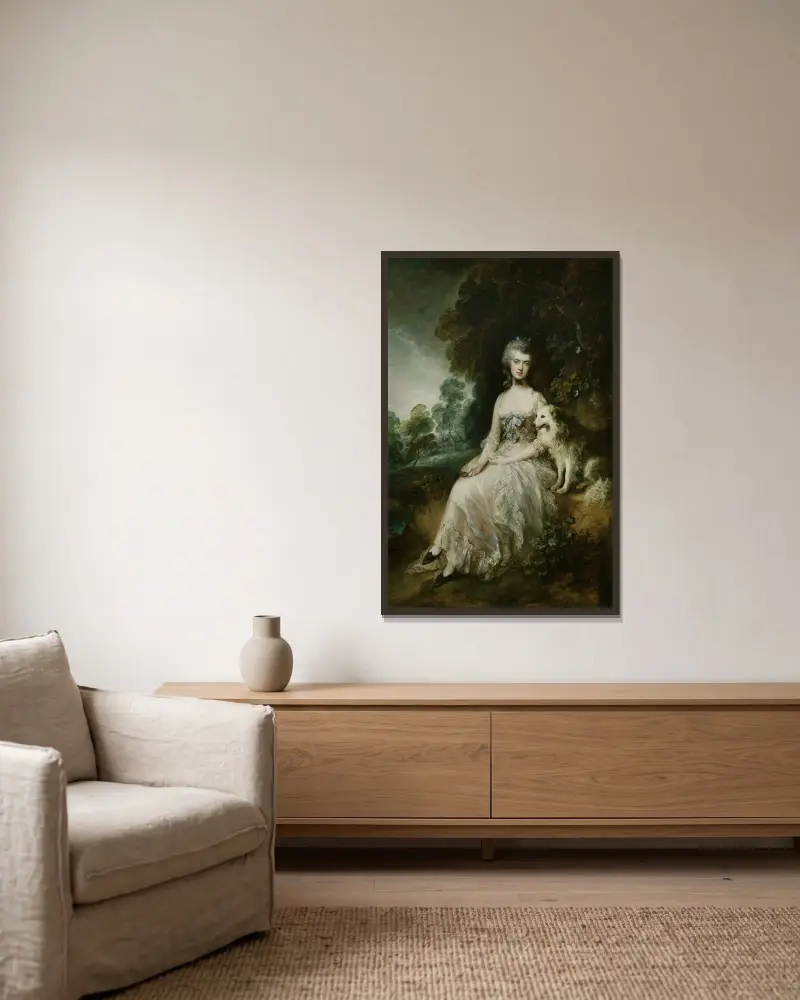 Mrs Mary Robinson (Perdita) av Thomas Gainsborough inramad på en vägg