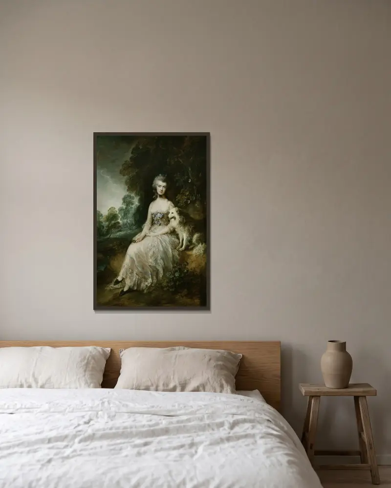 Mrs Mary Robinson (Perdita) av Thomas Gainsborough inramad på en vägg