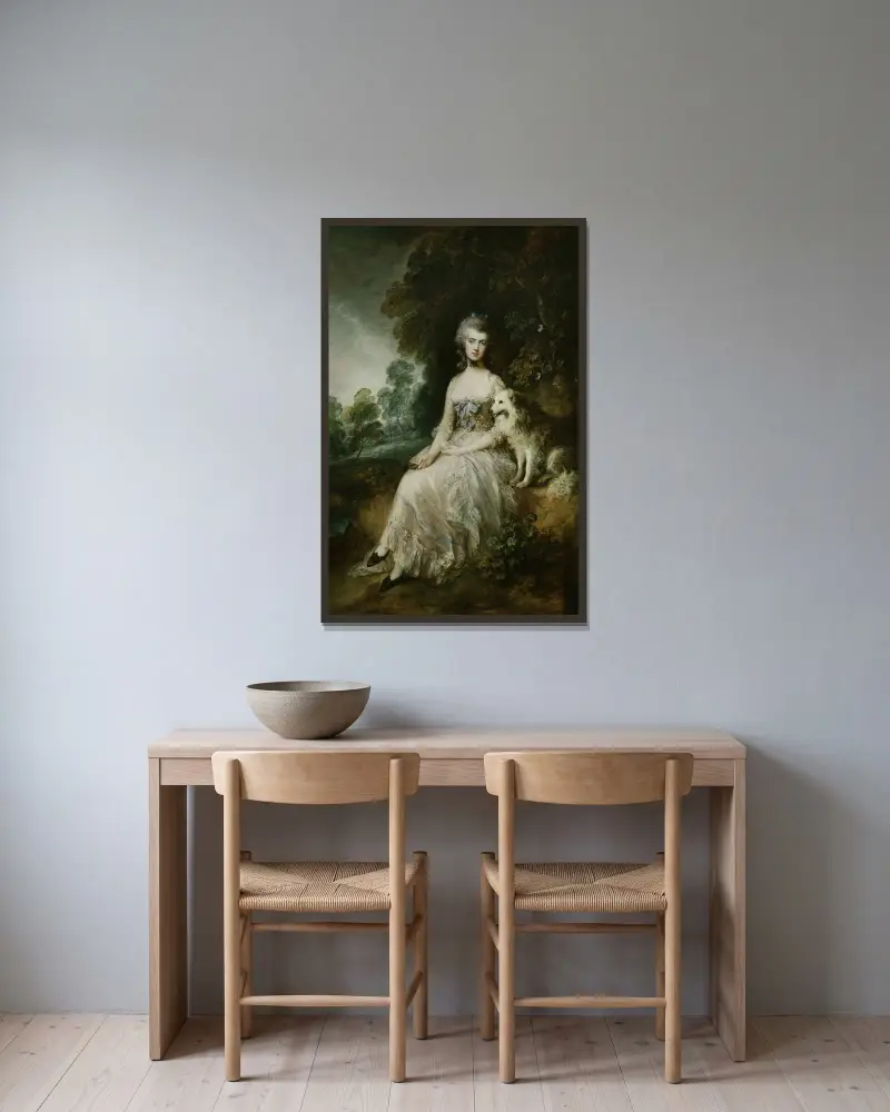 Mrs Mary Robinson (Perdita) av Thomas Gainsborough inramad på en vägg