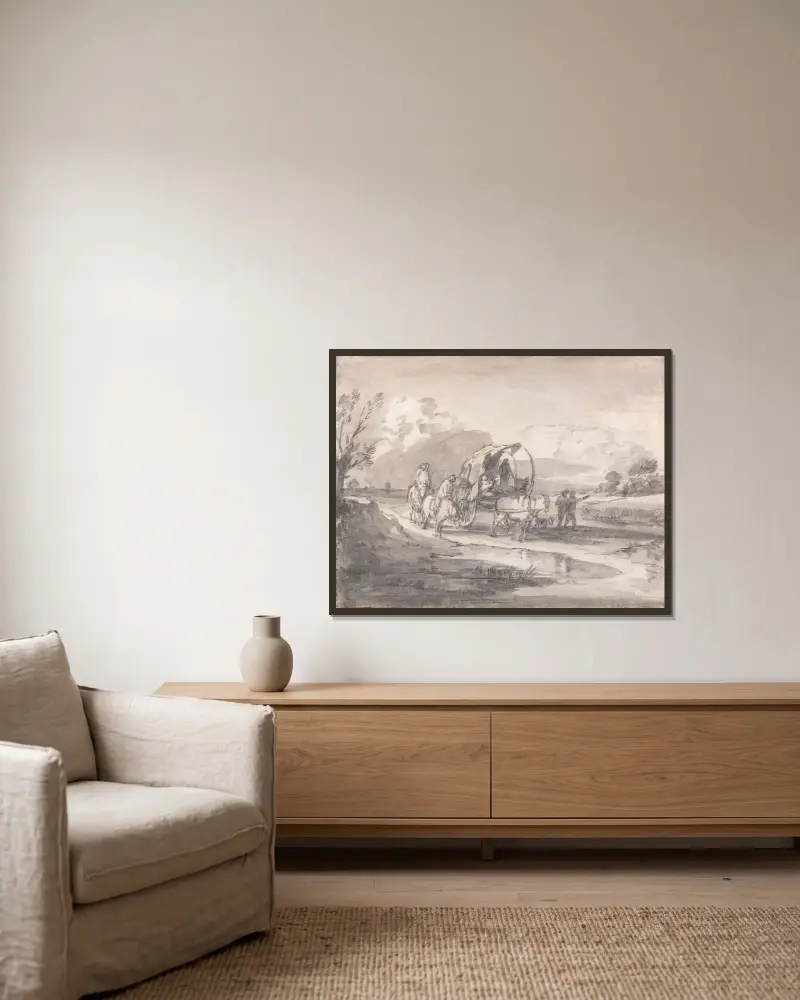 Öppet landskap med ryttare och täckt kärra av Thomas Gainsborough inramad på en vägg